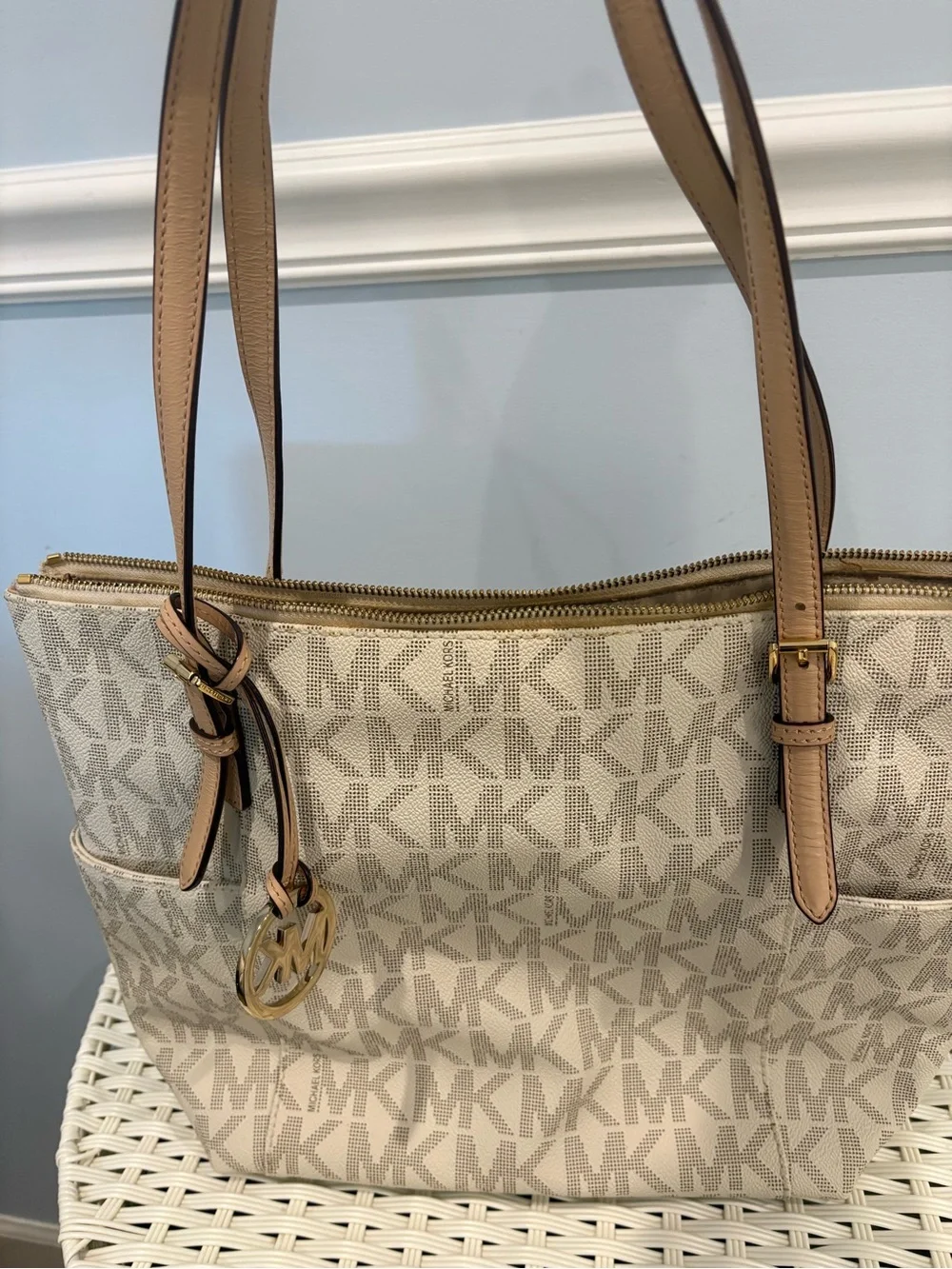 Michael Kors Beige Logo Jacquard Tote with Tan Leather Straps